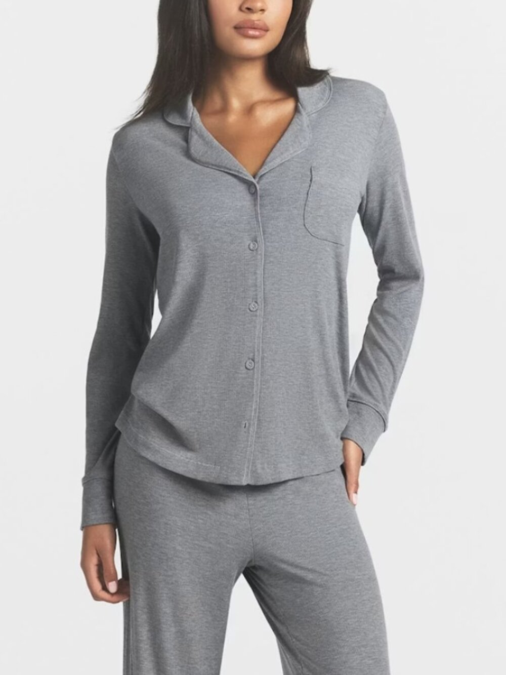 SKIMS Womens Soft Lounge Sleep Pajama Top M Gray Long Sleeve Ribbed Pocket